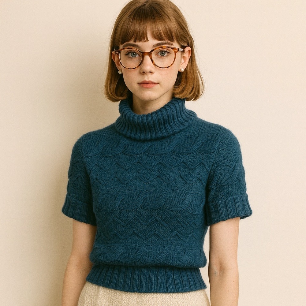 Derek Heart Womens Y2K Short Sleeve Cable Knit Preppy Sweater Size L Blue Winter